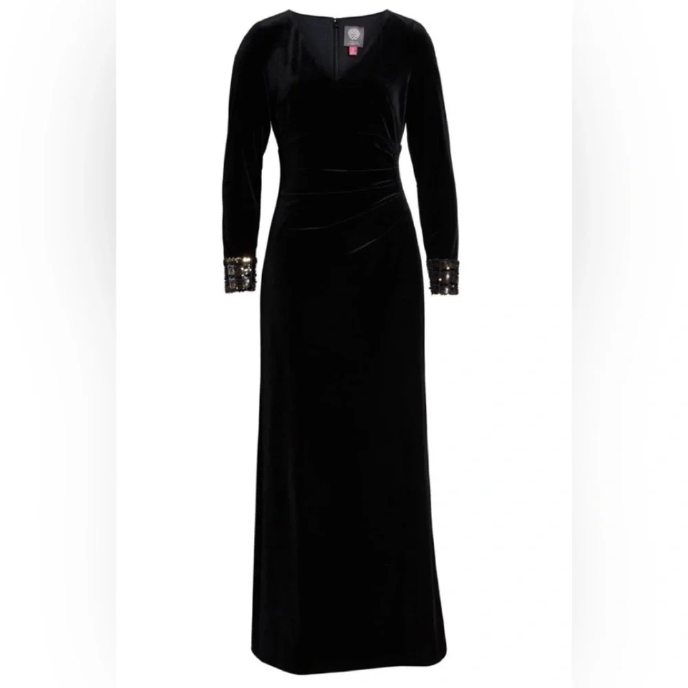 Vince Camuto Velvet Sequin Cuff Long Sleeve Gown